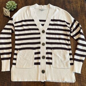 LOFT | Preppy Cream & Brown V-neck Striped 100% Cotton Sweater Cardigan
